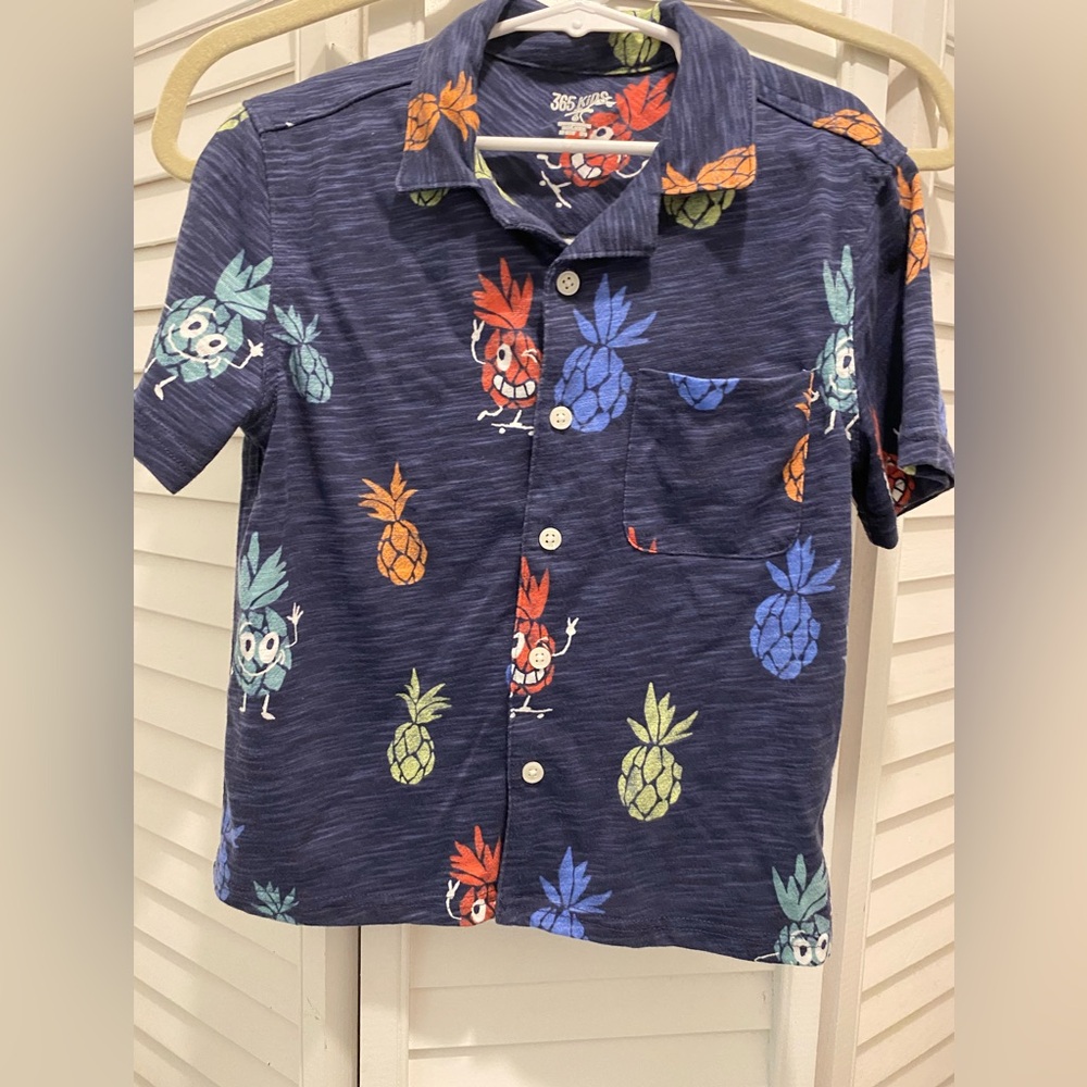365 KIDS Boy “Pineapple Polo Shirt” Size 6 Denim Blue Pocket Short Sleeve EUC